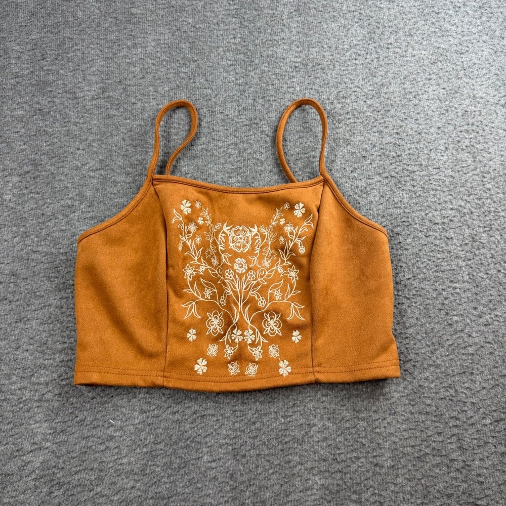 SHEIN Cami Crop Top Women's L Rust‎ Orange Faux Suede Floral Embroidered Boho
